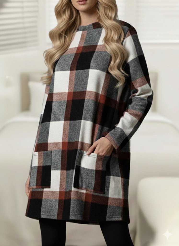 Kadın Uzun Kollu Yarı Balıkçı Yakalı Cep Detaylı Ekoseli Dokuma Tunik (179127)