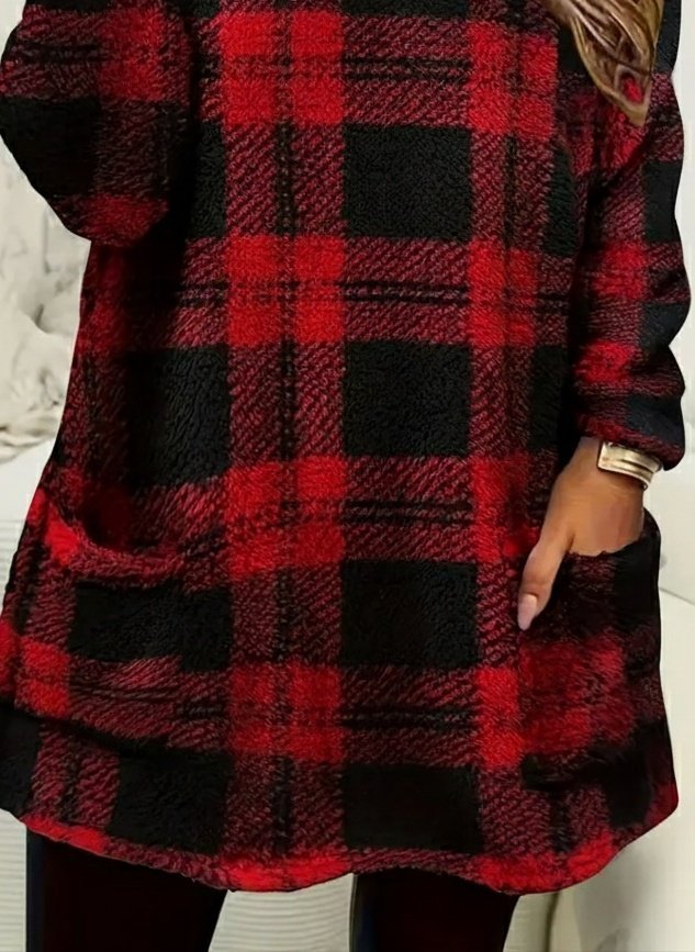 Kadın Uzun Kollu Yarı Balıkçı Yakalı Cep Detaylı Ekoseli Dokuma Tunik (176506)