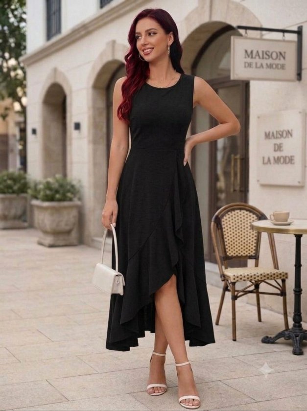 Kadın Yuvarlak Yakalı Önden Fırfır Asimetrik Detaylı Midi Janjan Krep Elbis (192969)