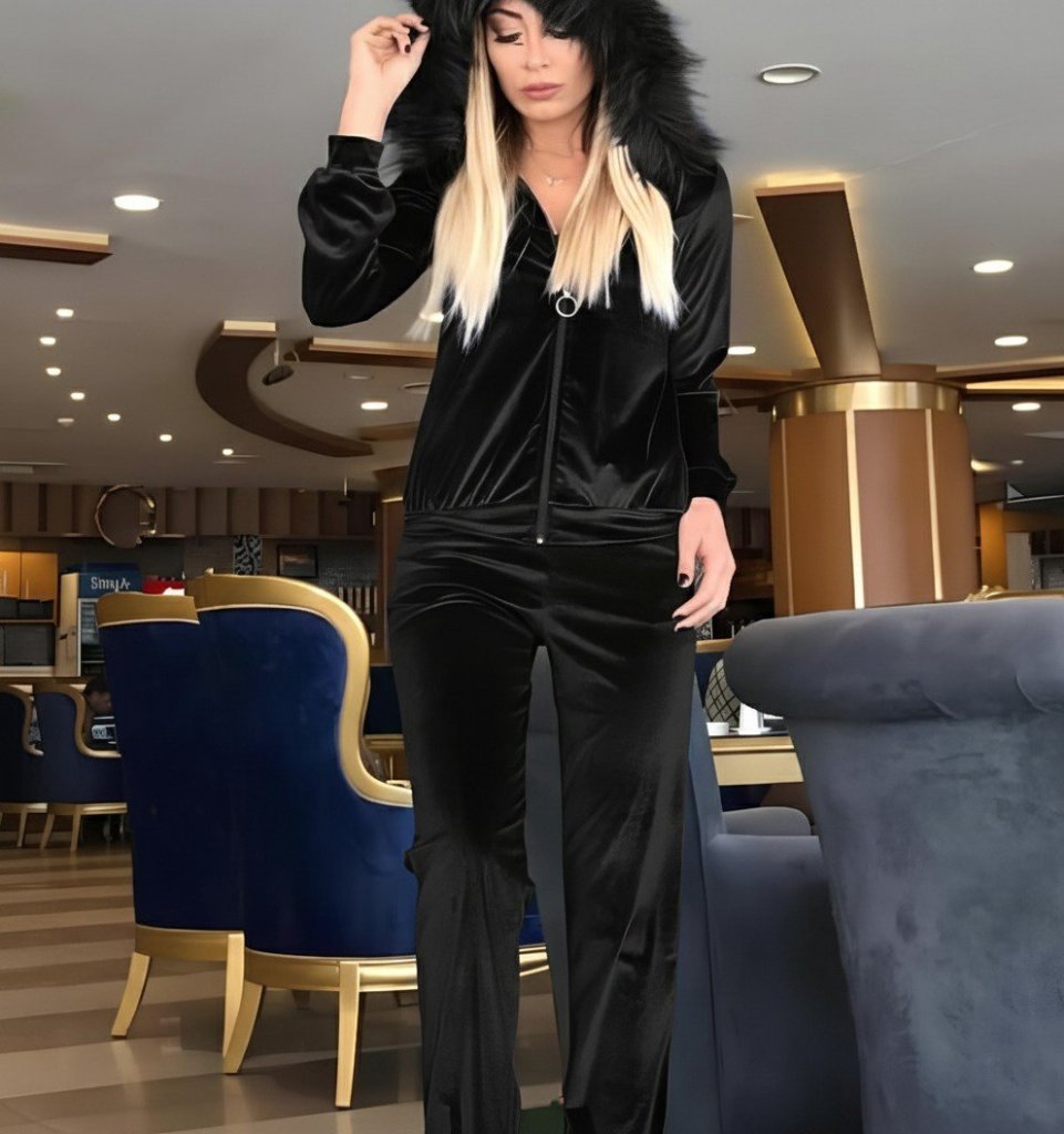 Kadın Uzun Kollu önden Fermuarlı Kapşon Tüy Detaylı Kadife Bluz Ve Pantolon Ikili Takım (181605)