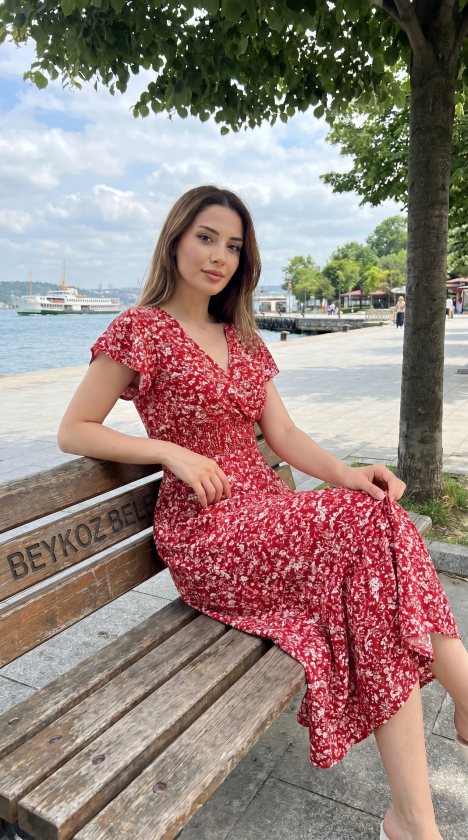 Kadın Kısa Kollu Kruvaze Yaka Beli Lastikli çiçek Desenli Elbise (172336)