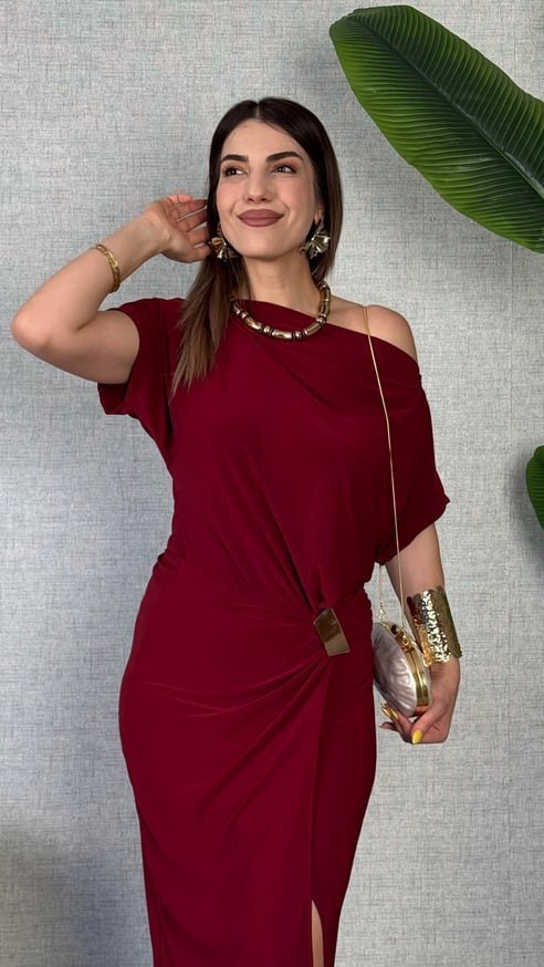 Kadın Kısa Kollu Tek Omuzdan Açık Beli Lastikli Sandy Maxi Elbise (172024)
