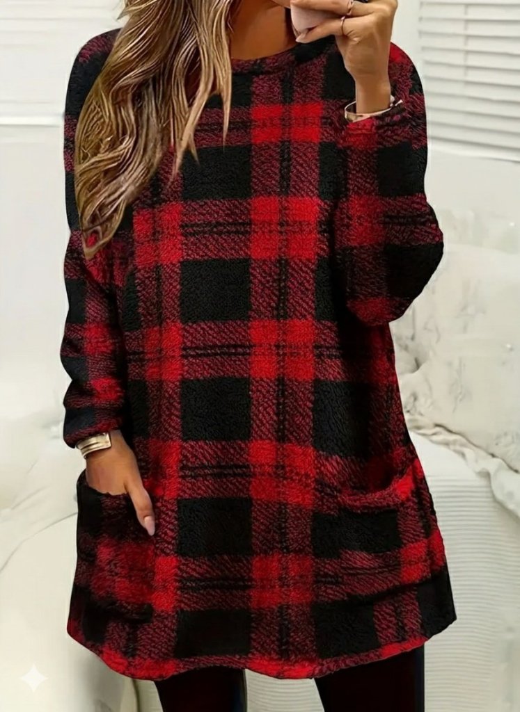Kadın Uzun Kollu Yarı Balıkçı Yakalı Cep Detaylı Ekoseli Dokuma Tunik (176506)