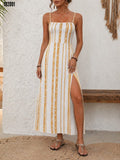 Kadın ip askılı yırtmaçlı desenli uzun süprem elbise