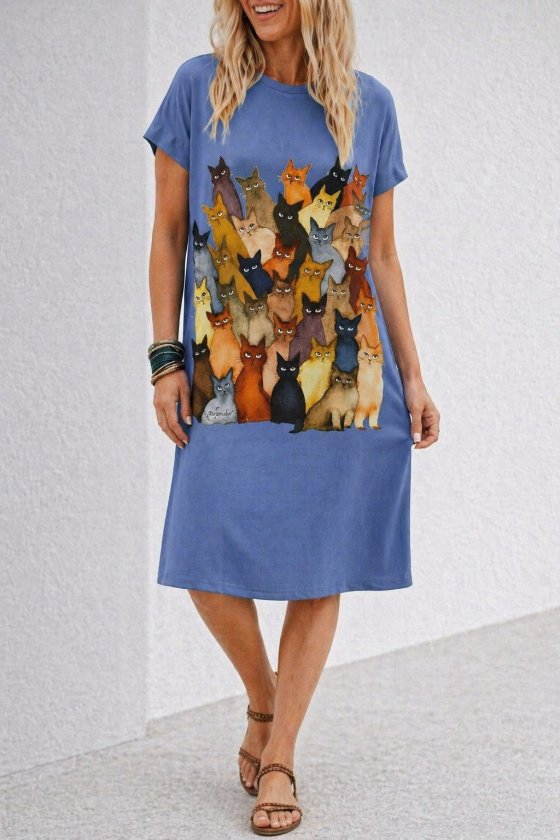 Kısa Kollu Bisiklet Yakalı Kedı Desenli Midi Vıskon Elbise (193131)