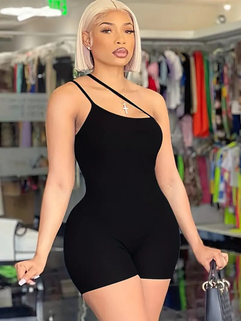 Kadın Asimetrik Askılı Mini Kaşkorse Bodycon Tulum (112903)