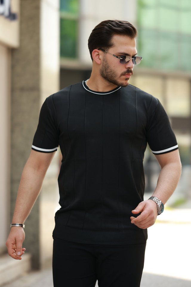 Erkek Bisiklet Yaka çizgi Desenli Ribanalı Kısa Kollu Tshirt (159136)