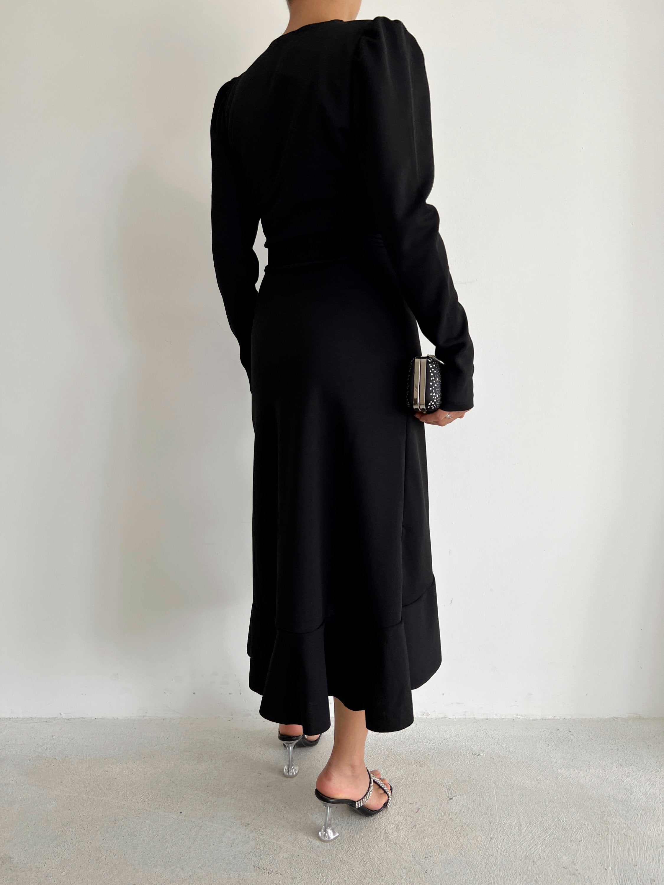 Krep Kumaş Midi Boy Kuşaklı Uzunkol Elbise 113 Cm (42673)