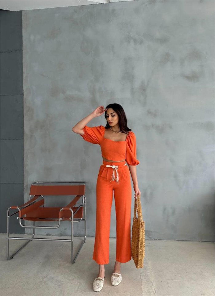 KETEN CROP KARPUZ KOL BLUZ-PANTOLON HASIR KEMERLİ - Orange (152495)