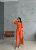 KETEN CROP KARPUZ KOL BLUZ-PANTOLON HASIR KEMERLİ - Orange (152495)