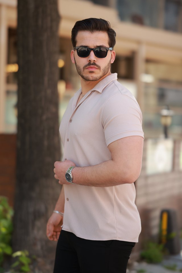 Erkek Ottoman Kumaş Apaj Yaka Kısa Kollu Gömlek (159918)