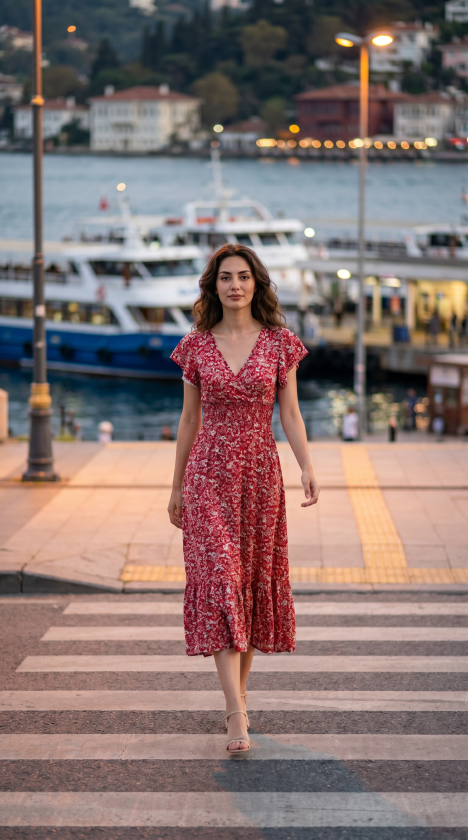 Kadın Kısa Kollu Kruvaze Yaka Beli Lastikli çiçek Desenli Elbise (172336)