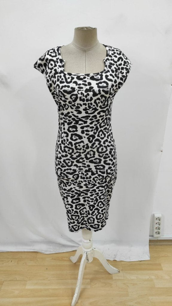 Kadın Kısa Kollu Kare Yakalı Leopar Desenli Dalgıç Elbise (189703)