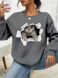 Kadın Uzun Kollu Bisiklet Yaka Kedi Desenli Viskon Iki Iplik Bluz (135279)