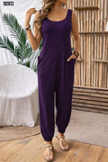 Kadın askılı yuvarlak yakalı cep detaylı viskon tulum