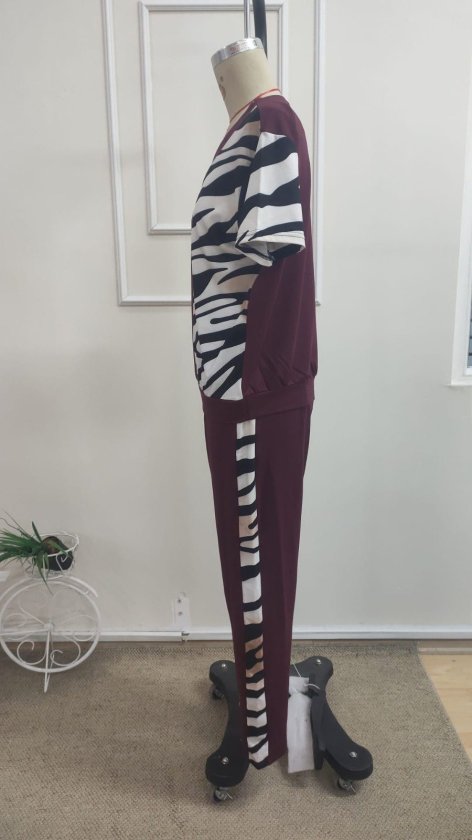 Kadın Kısa Kollu Bisiklet Yaka Zebra Desen Bluz Ve Pantolon Ikili Takım (190594)