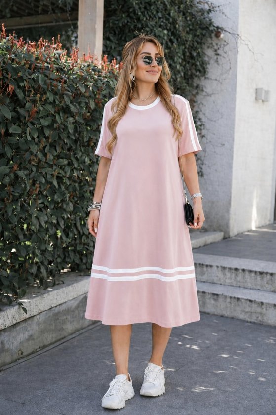 Kadın Kısa Kollu Bisiklet Yaka şerit Detaylı Midi Viskon Elbise (188040)